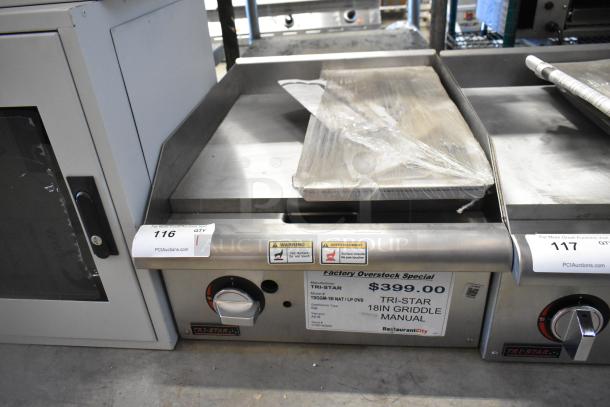BRAND NEW 2022 Tri Star TSGGM-18i stainless steel countertop griddle. Natural gas, flat top, protective wrap intact.