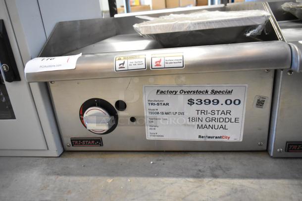 BRAND NEW 2022 Tri Star TSGGM-18i stainless steel natural gas flat top griddle. Features control knob and safety label.