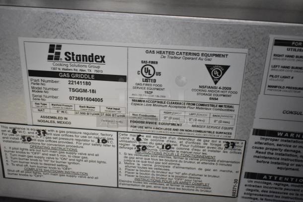 BRAND NEW 2022 Tri Star TSGGM-18i stainless steel countertop griddle. Natural gas, UL listed. Label shows assembly in Nogales, Mexico.