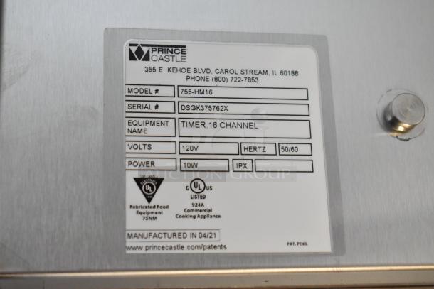 BRAND NEW 2021 Prince Castle 755-HM16 Electric Timer, 16 Channel, 120V, with label showing model/serial, 10W power, UL-listed.
