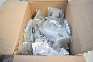 Brand new in box lot with pipe mounting kit and outlet box cover, sealed in plastic. Perfect condition, ready for installation.