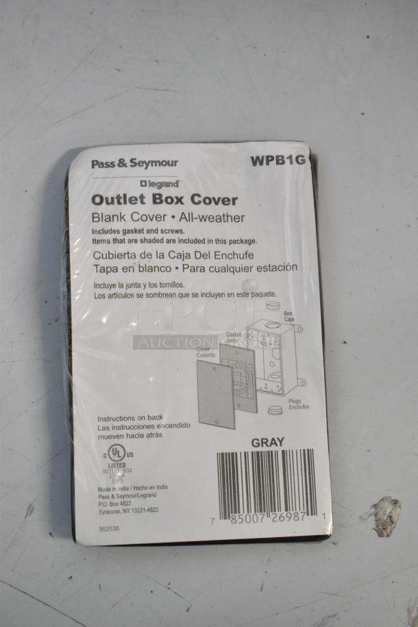 Brand new Pass & Seymour Outlet Box Cover in packaging. Includes gasket and screws. Model WPB1G, all-weather, gray color.