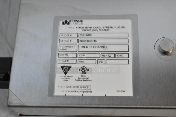 BRAND NEW Prince Castle 755-HM16 Electric Timer, 16 Channel. 120V, 10W, 1 Phase. Model and serial numbers visible.