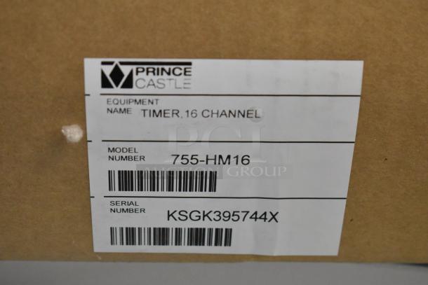 Brand new Prince Castle 755-HM16 Electric Horizontal Timer, 16 channels, 120V, 1 phase, in box. Model and serial labels visible.