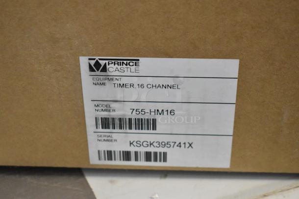 Brand new Prince Castle 755-HM16 electric horizontal timer, 16 channel, in box. 120V, 1 phase, model label visible.