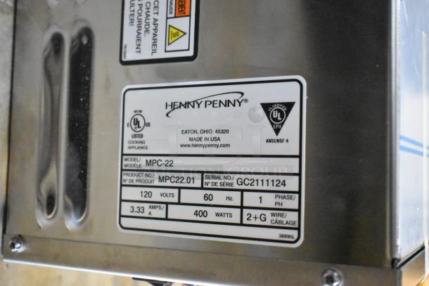 Brand new Henny Penny MPC-22 stainless steel holding bin, 120V, 1 phase. Model and serial numbers visible on label.