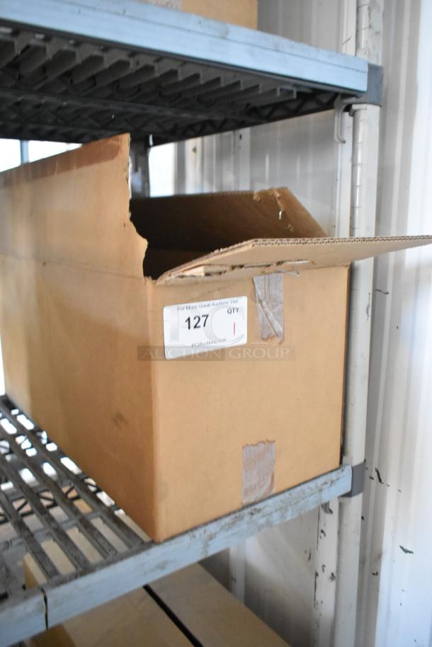 Cardboard box containing a new Henny Penny MPC-1L stainless steel holding bin, 110V, 1 phase, with lot tag "127".