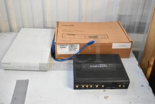 Cradle Point AER220 router, Avigilon Embedded NVR, and box of wires. Router box marked AER series. Bidding lot of 3 items.