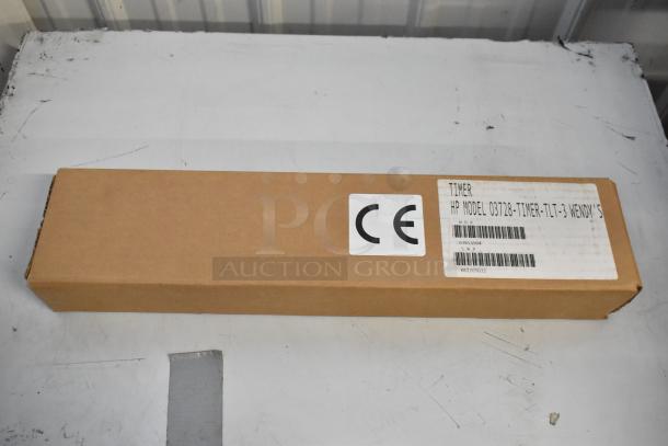 Brand new HP 03728-TIMER-TLT-3 three-lane timer in box, CE marked, with item's barcode and model details visible.