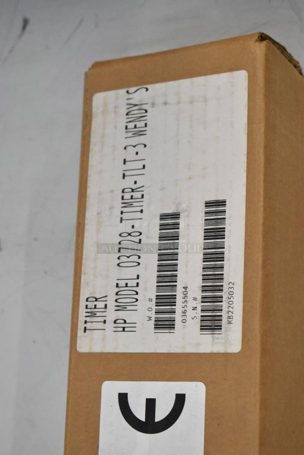 Brown box with label reading "TIMER HP MODEL 03728-TIMER-TLT-3 WENDY'S." Contains 4 brand new HP three lane timers.
