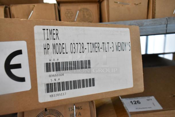 Brand new HP 03728-TIMER-TLT-3, three-lane timers, in box. Packaging label shows model, W.O. and S.N. numbers.