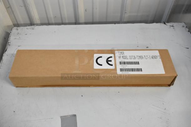 Boxed new HP 03728-TIMER-TLT-3 Three Lane Timer with CE mark, showcasing packaging and model label. Auction for 4 units.