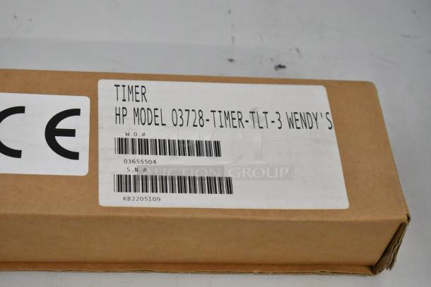 Brand new HP 03728-TIMER-TLT-3 timer in box. Three-lane model, includes labels with barcode and serial numbers.