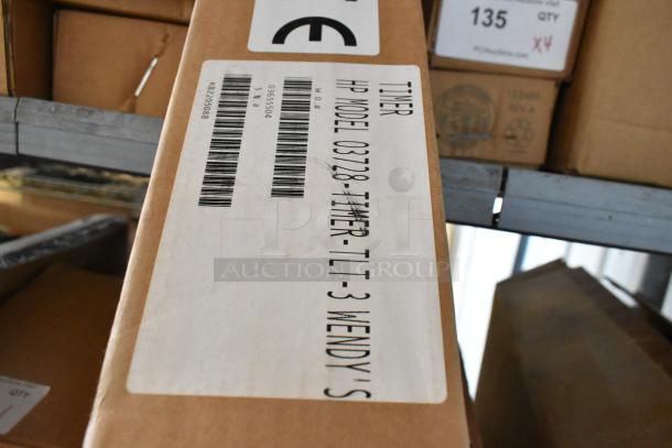 4 new HP 03728-TIMER-TLT-3 timers in box, marked for Wendy's, visible serial and model numbers.