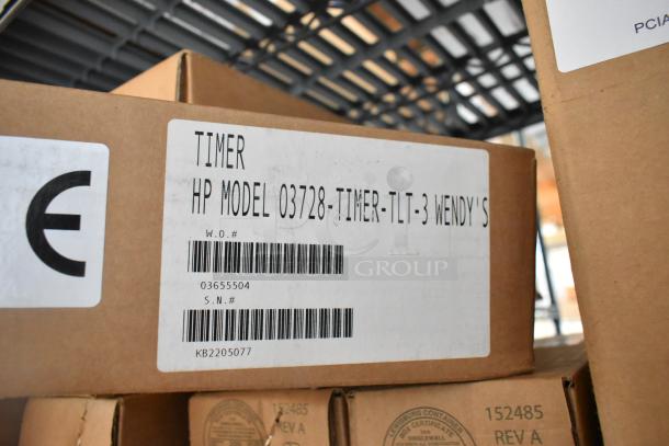 Brand new HP 03728-TIMER-TLT-3 Three Lane Timer in box. Includes manufacturer labels and barcode. Lot of 4 units.