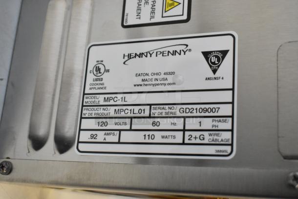 Brand new Henny Penny MPC-1L stainless steel holding bin label, 110V, 1 phase, UL listed, Made in USA.