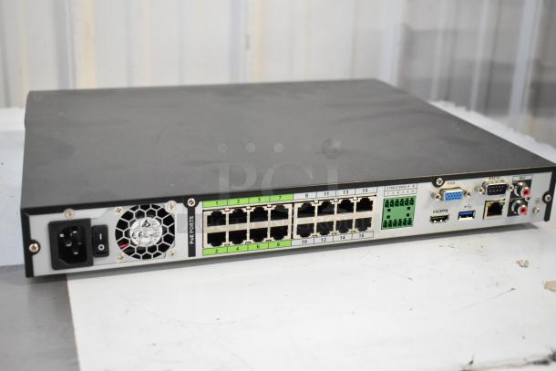 3 NVR502A Network Video Receiver, 100-240V, 1 Phase, showing 16 PoE ports, VGA, HDMI, USB, and audio connectors.