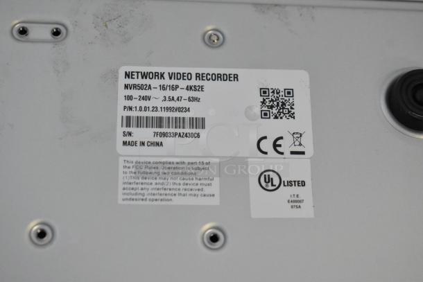 NVR502A Network Video Receiver, 100-240V, UL Listed, CE marked, made in China, showing compliance labels.