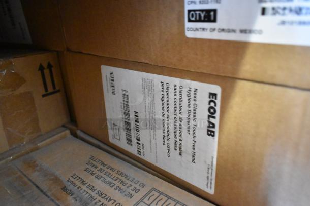 5 new Ecolab Nexa Classic Touch Free Hand Hygiene Dispensers in original boxes. Labels indicate model and origin.