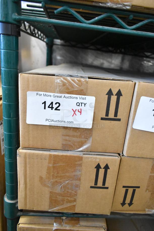 Four brand new Ecolab Nexa Classic Touch Free Hand Hygiene Dispensers in sealed boxes, shown on a storage shelf.