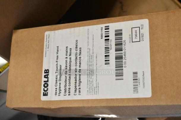 New Ecolab Nexa Classic Touch-Free Hand Hygiene Dispenser in box. Label details model and features. Set of 4 available.