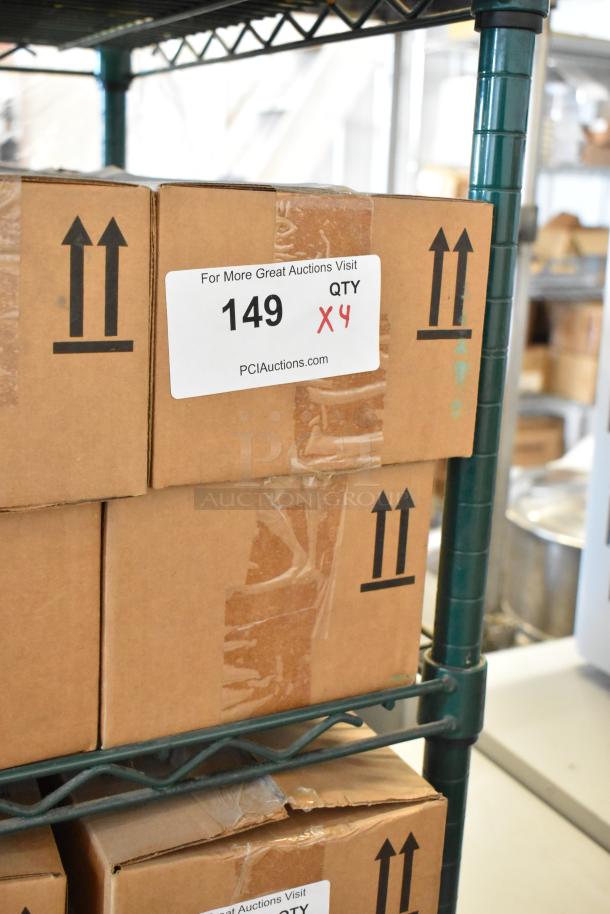Four Ecolab Nexa Classic Touch Free Hand Hygiene Dispensers in sealed boxes on a shelf; auction lot 149, quantity four.