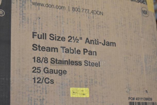Box of 12 brand new Don full-size steam table bins, 18/8 stainless steel, 2.5" deep, anti-jam, 25 gauge.