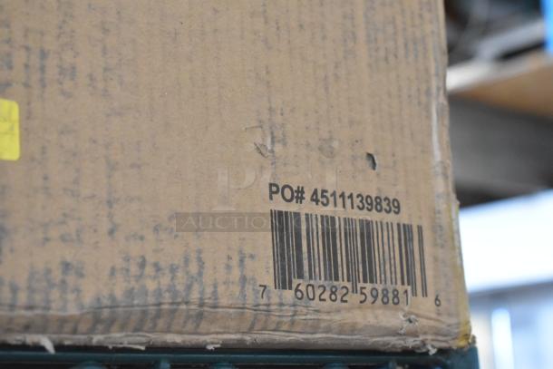 Box of 12 brand new Don full-size steam table drop-in bins, 1/1x2.5. Visible PO# 4511139839 and barcode on box.