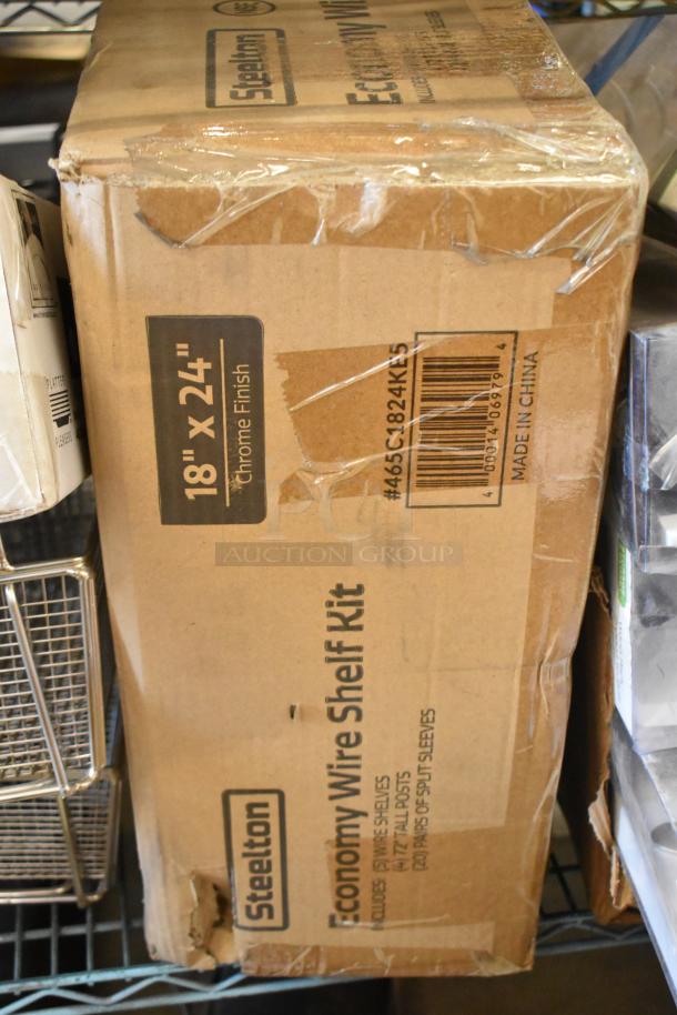 Brand new Steelton 465C1824KE5 18" x 24" NSF Chrome 5-shelf kit with 72" posts box, labeled "Economy Wire Shelf Kit."