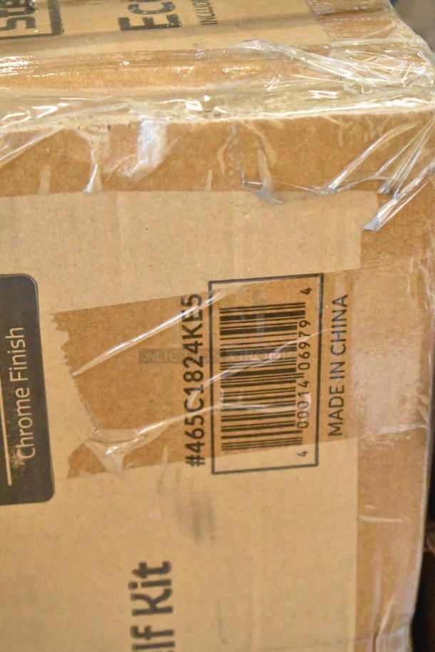 New Steelton 465C1824KE5 18"x24" NSF chrome 5-shelf kit with 72" posts in box; barcode and "Made in China" visible.
