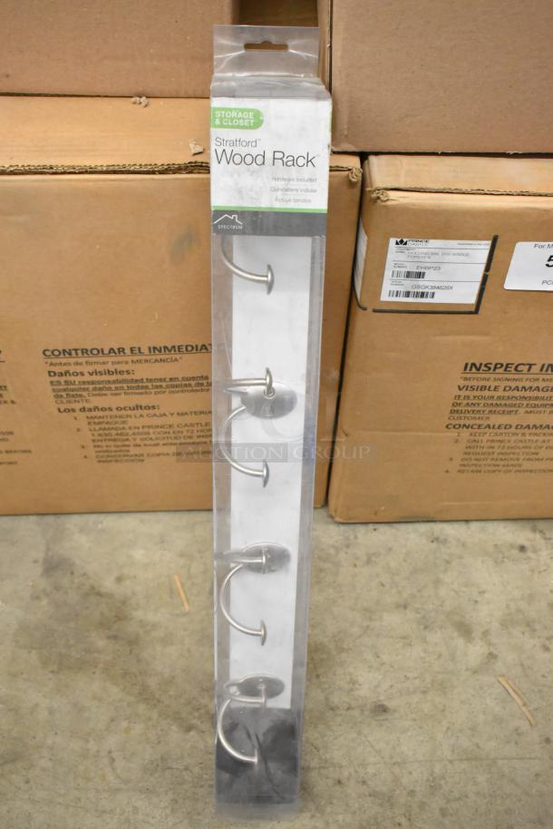 Brand new Stratford Wood Rack by Spectrum, features five metal hooks, packaging indicates hardware included.