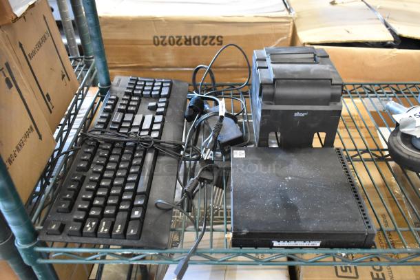 Lot includes Element EM2FPAB24B monitor, Star TSP100III receipt printer, keyboard, Lenovo ThinkCentre 11DN desktop.