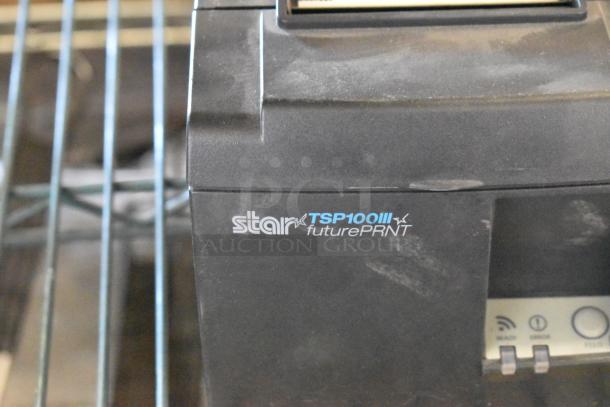 Star TSP100III receipt printer, visible branding, part of auction lot with Element monitor, Lenovo desktop, and keyboard.