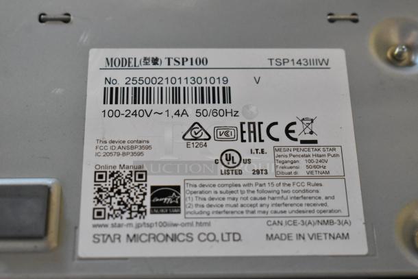 Label on Star TSP100III receipt printer, showing model TSP143IIIW, serial number, voltage, certifications, and manufacturer details.