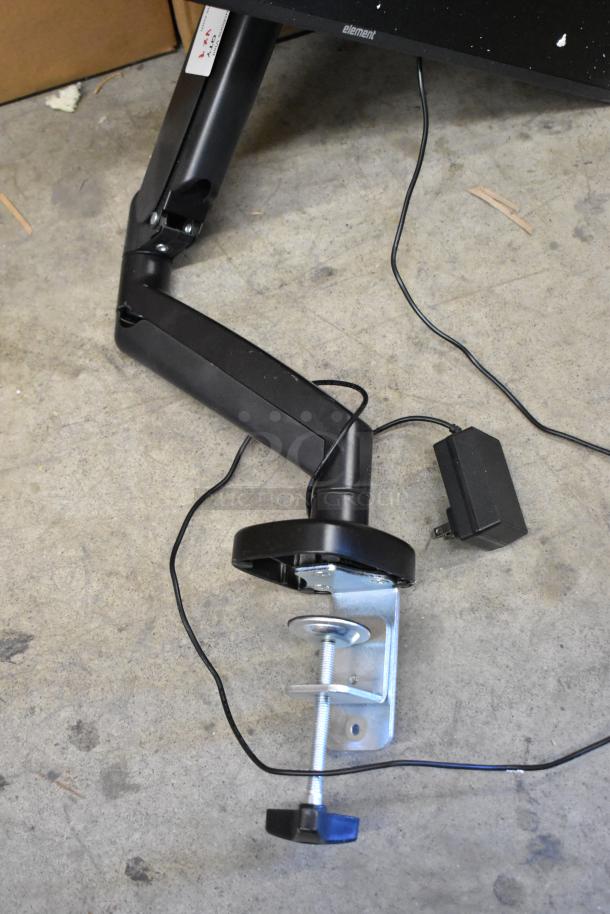 Element EM2FPAB24B monitor arm, black, with wire and clamp, part of auction lot including Lenovo ThinkCentre 11DN.