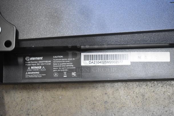 Element EM2FPAB24B monitor label showing model number, power input, and caution details.