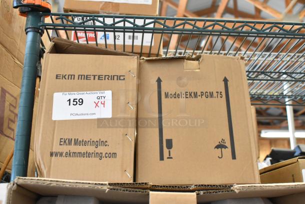 4 new in-box EKM Metering EKM-PGM.75 electric meters. Auction lot tagged with item number 159, quantity 4.