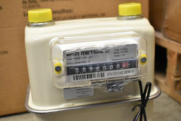 Brand new EKM Metering EKM-PGM.75 electric meter, boxed. Features model number, serial number 024342, measures in cubic feet.