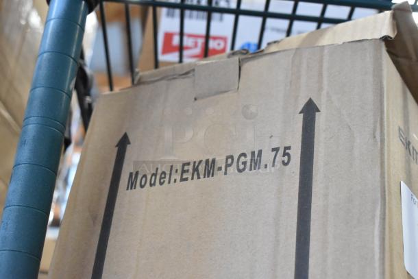 Brand new EKM Metering EKM-PGM.75 electric meter in box, showing model label. Auction includes four meters.