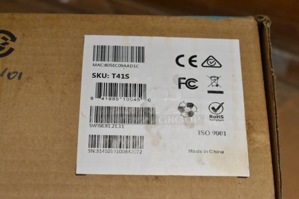 BRAND NEW IN BOX SIP-T41S Ultra Elegant IP Phone with SKU T41S, MAC 805EC09AAD1C, and RoHS compliant marking.