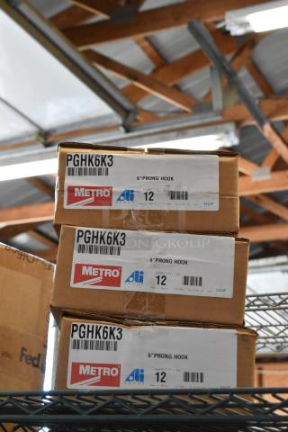 Boxes of 12 Metro PGHK6K3 SmartWall Prong Hooks, 6" size, brand new in original packaging, labeled with barcodes and branding.