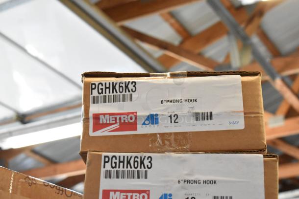 Box of 12 brand new Metro PGHK6K3 SmartWall 6" prong hooks, labeled for easy identification.