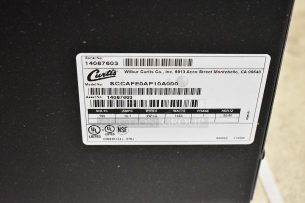 Brand new Curtis SCCAFE0AP10A000 stainless steel airpot coffee brewer label, model details, 120V, 1 phase, UL listed.