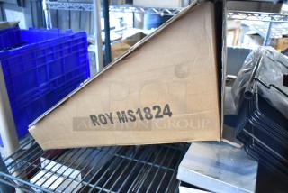 Brand new ROY MS1824 stainless steel wall mount shelf in box, unopened, features durable design for kitchen or storage use.