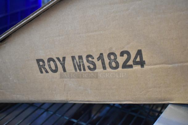 Box labeled "ROY MS1824" containing a brand new stainless steel wall mount shelf.
