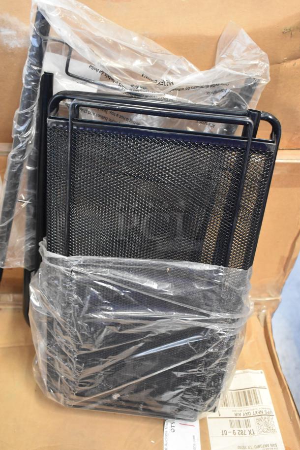 Brand new black metal mesh rack, wrapped in plastic, showcasing durable construction and modern design.