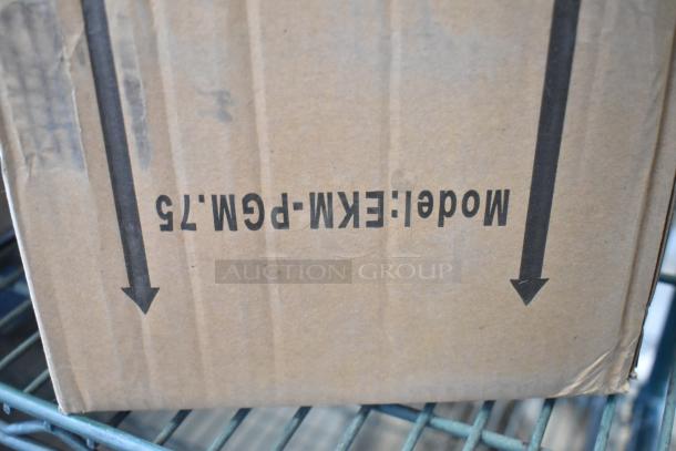 Brand new EKM Metering EKM-PGM.75 electric meter in box. Auction for two units. Box shows model and orientation arrows.