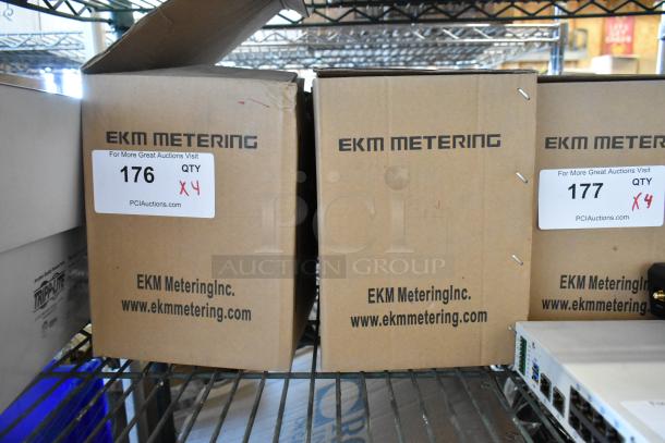 Brand new EKM Metering EKM-PGM.75 electric meters in original boxes. Quantity: 4. Labeled with auction details.