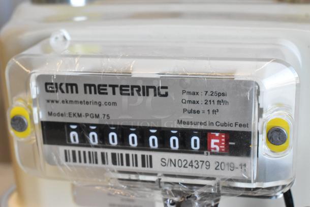Brand new EKM Metering EKM-PGM.75 electric meter, in box. Displays Pmax 7.25psi, Qmax 211ft³/h, measures in cubic feet.