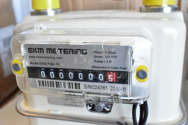 Brand new EKM Metering EKM-PGM.75 electric meter in box, measuring in cubic feet. Features 7.25 psi, Qmax 211 ft³/h.